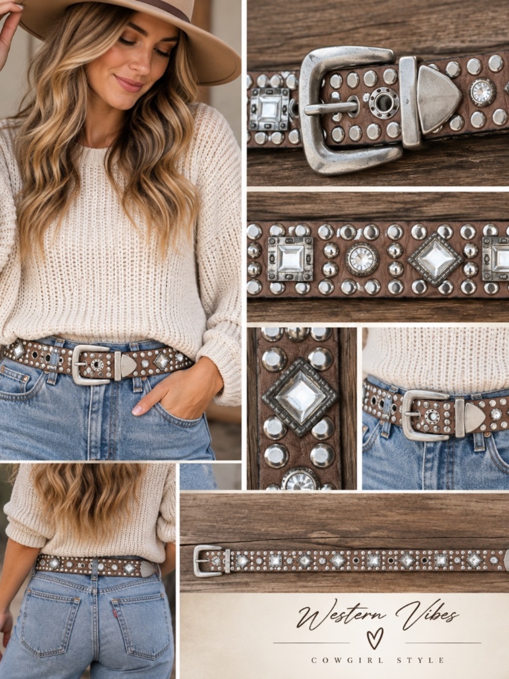 Brown Studded Rhinestone Western Cowgirl Belt Y2K Bling